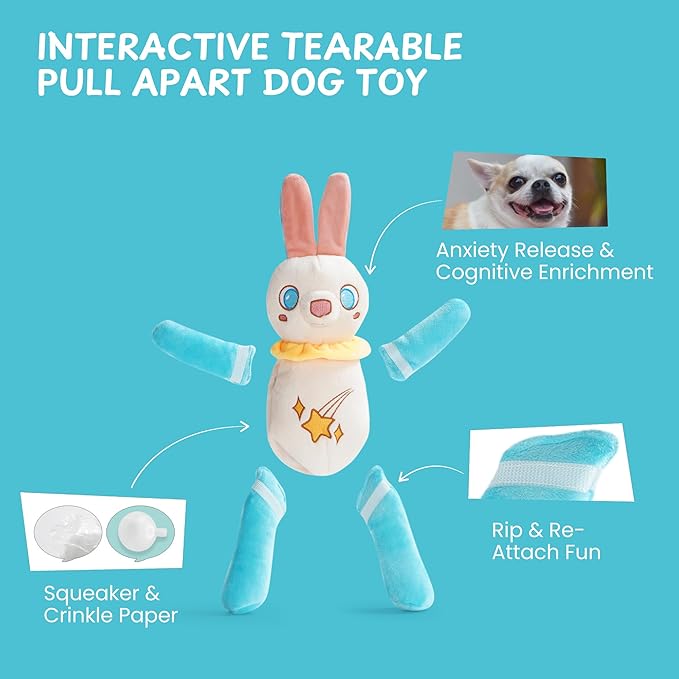 Nocciola Tearable Pull Rip Apart Bunny Dog Toy with Squeaker & Crinkle - Interactive Stuffed Plush Toy to Keep Dogs Busy, Pet Puzzle Enrichment Chew Toys for Small Medium Large Breeds