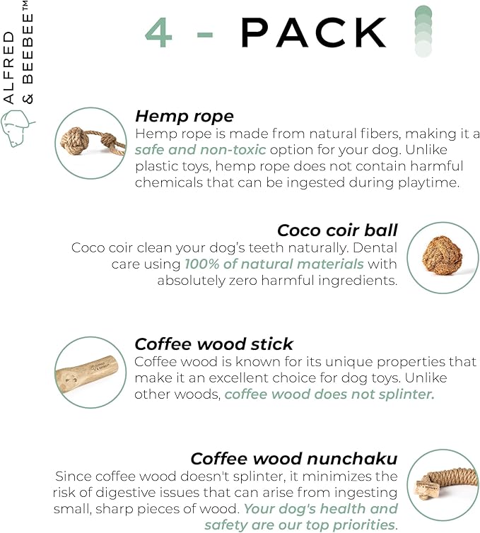 Alfred & Beebee Eco-Friendly Natural Coffee Wood Dog Chew Toy 4 Pack - for Regular Chewers - Dog Dental Chew - Small Medium - Coconut Ball, Rope Stick S - M