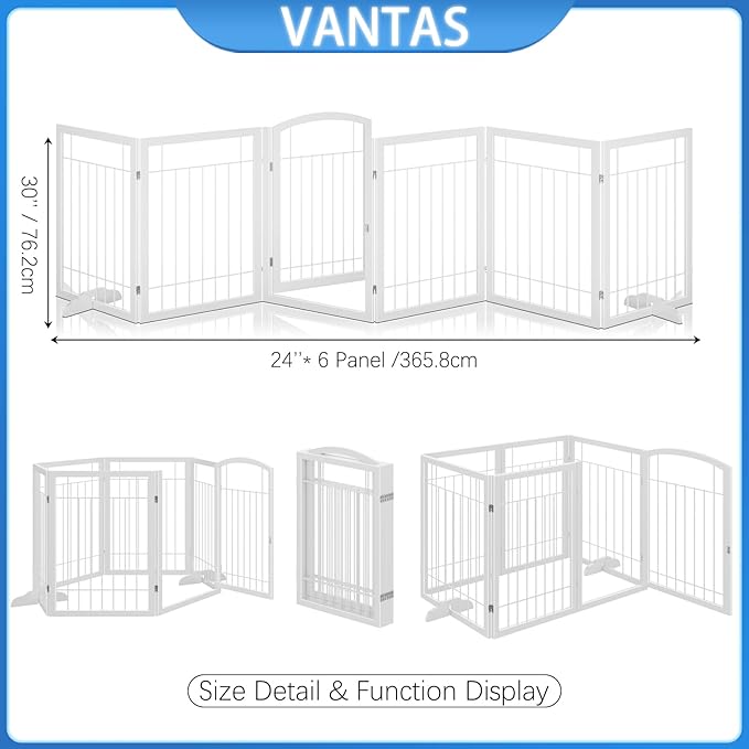 Vantas Folding Pet Gate 144" Wide, 30" Tall No-Assembly Metal Dog Gate, Freestanding Wire Pet Gate, Pet Puppy Safety Fence, Extra Wide with 2PCS Support - White