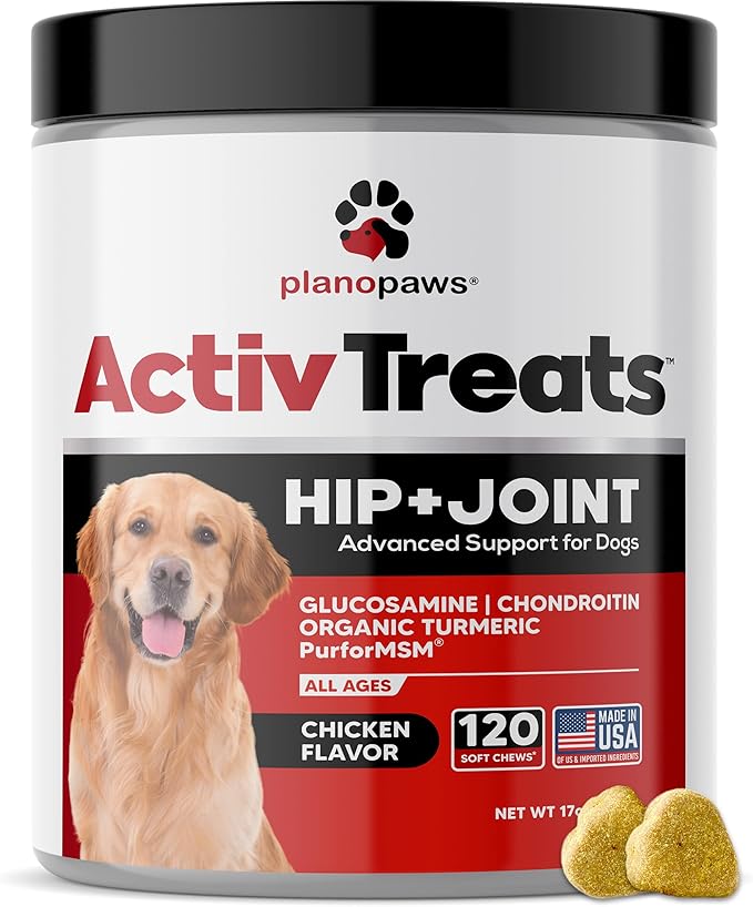 Glucosamine for Dogs Hip and Joint Supplement - Safe Joint Support - Glucosamine Chondroitin MSM Turmeric - 120 Mobility Joint Care Chews for Dogs - ActivTreats for All Breeds Ages and Sizes.