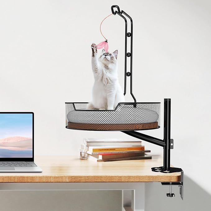 Cat Desk Bed,Rotating & Adjustable, Durable Metal Pet Bed, Supports Up to 45 lbs, Removable Blanket, Modern Indoor pet Furniture for Home Office and Game Tables