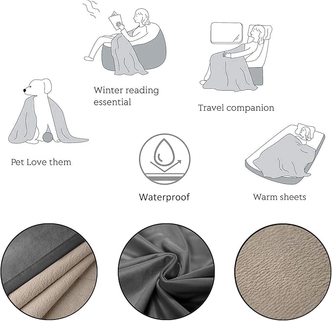 Ameritex Pet Bed Blanket Reversible 100% Waterproof Velvet Super Soft for Sofa and Bed (82x82 Inches, Light Grey+Beige)