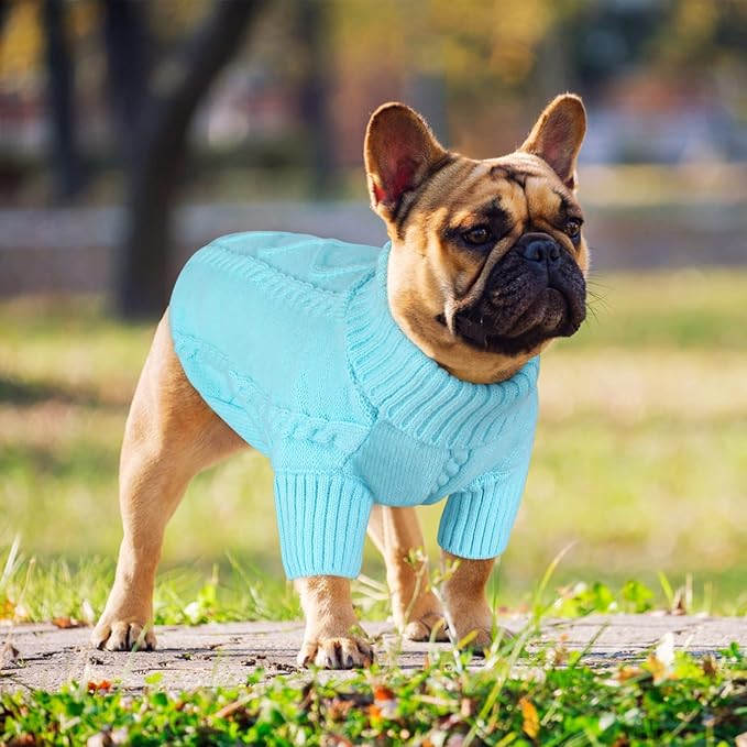 Queenmore Small Dog Pullover Sweater, Cold Weather Cable Knitwear, Classic Turtleneck Thick Warm Clothes for Chihuahua, Bulldog, Dachshund, Pug (Sky Blue, X-Large)