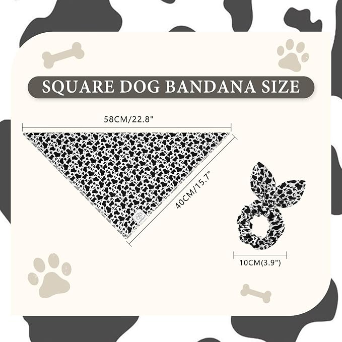 E-Clover Cow Print Dog Bandanas & Matching Scrunchie Set Fall Cowboys Theme Dog Scarf Bibs Pet Bandana with Bow Tie for Small Dogs Puppy Owner Mom Black White