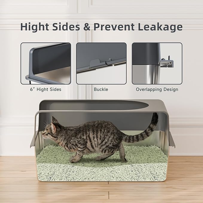 High-Sided Stainless Steel Cat Litter Box,Stainless Steel Litter Box with Lid,Extra Large,Easy-to-Clean Metal Litter Pan for Cats (24''L X 16''W X 12''H with Enclosure)