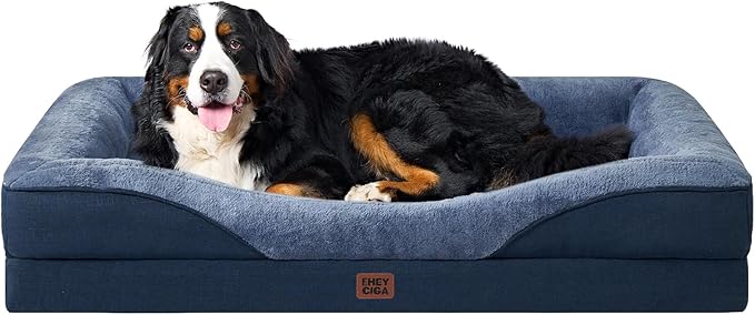 EHEYCIGA Memory Foam XXL Dog Bed for XLarge Sized, Extra Large Orthopedic Dog Sofa with Sides and Waterproof Liner, Washable Bolster Pet Couch with Removable Cover, 52x41x8 Inch, Navy