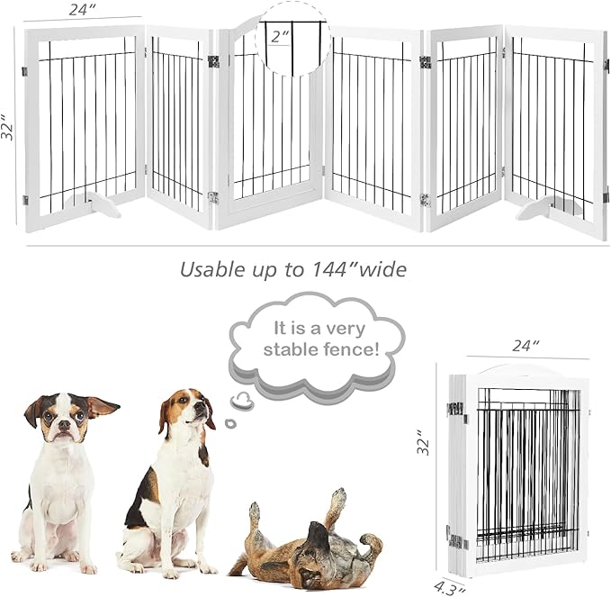 PAWLAND 144-inch Extra Wide 30-inches Tall Dog gate with Door Walk Through, Freestanding Wire Pet Gate for The House, Doorway, Stairs, Pet Puppy Safety Fence, Support Feet Included, White,6 Panels