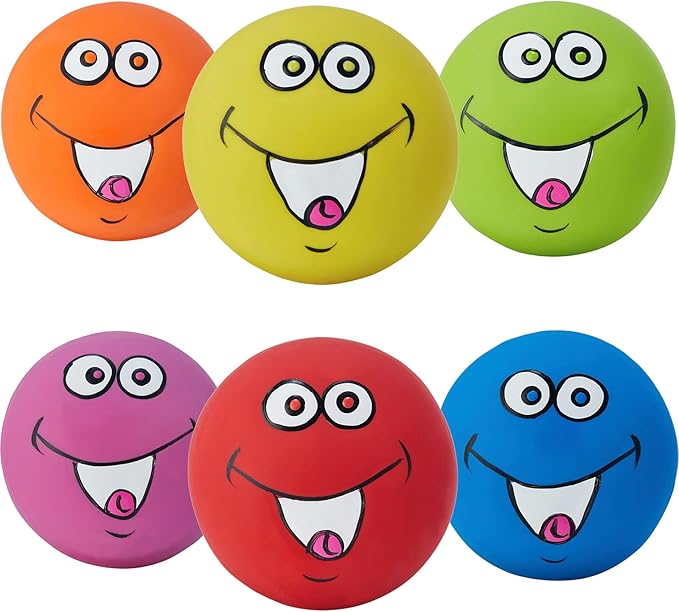 Squeaky Dog Toys Chewing Durable Teething Latex Rubber Soft Interactive Fetch Play Dog Balls with Funny Smile Face for Puppy Small Medium Pet Dog (6PCS)