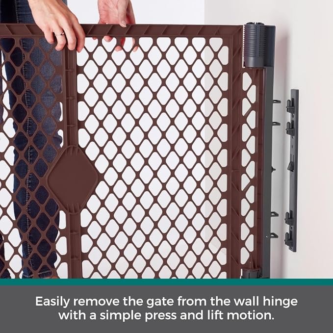 MyPet Extra Wide Dog Gate with Small Pet Door. 38.5” to 103.5" Wide. Cat Gate for Doorway. Made in USA. 26" Tall, Brown