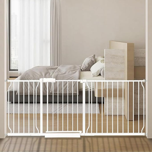 Extra Wide Baby Gate 71.65-76.38 Pressure Mounted,Child Dog Pet Safety Gates with Walk Through Door for Doorways Stairs No Drilling in Door,White