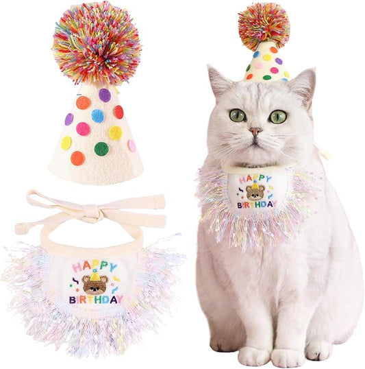 Kunyeah 2Pcs Pet Happy Birthday Hat Scarf Set Puppy Princess Costumes Cute Cat Bandana Outfit Dog Cone Hat wtih Pom-pom Colorful Lace Bib Collar Pet Birthday Decorations Party Supplies (Colorful)