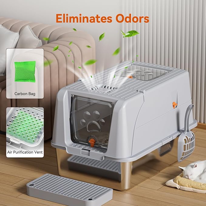 Enclosed Stainless Steel Cat Litter Box with Lid, Front & Top Flap, 180° Flip-top Design, Extra Large Metal Cat Litter Box with Scoop & Filter Pedal,Odor-Resistant (Light Gray)