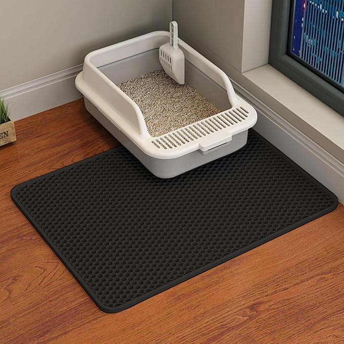 Cat Litter Mat Cat Litter Trapping Mat, 18 x 12 inch Honeycomb Double Layer Design, Urine and Water Proof Material, Scatter Control, Less Waste, Easier to Clean, Washable black