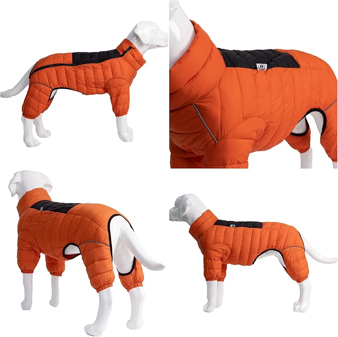 Lovelonglong Warm Jacket - 4 Legs Covered Waterproof Windproof Reflective Vest, Zippered Adjustable Outdoor Snow Jacket for Small Medium Large Dogs, Orange XXL