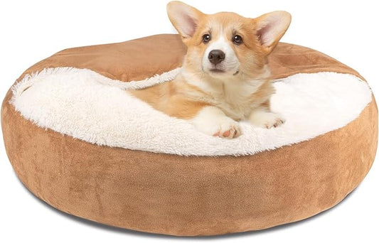 Pet Soft Small Dog Bed Cat Bed with Cover Cave - Round Calming Dog Beds Washable Cuddler Puppy Beds for Small, Medium Dogs and Cats (Khaki, 27")