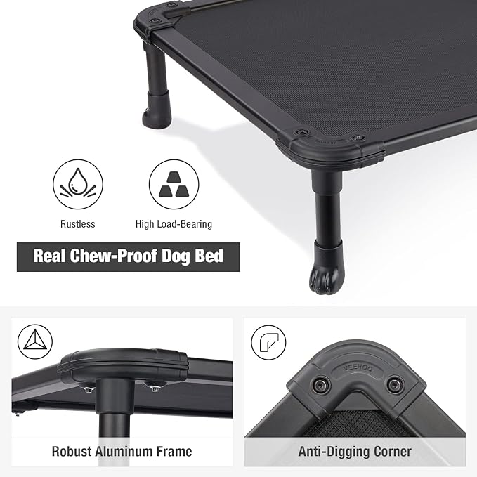 Veehoo Chew Proof Elevated Dog Bed - Cooling Raised Pet Cot - Rustless Aluminum Frame and Durable Textilene Mesh, Unique Designed No-Slip Feet for Indoor or Outdoor Use, Black, X-Large, CWC2002
