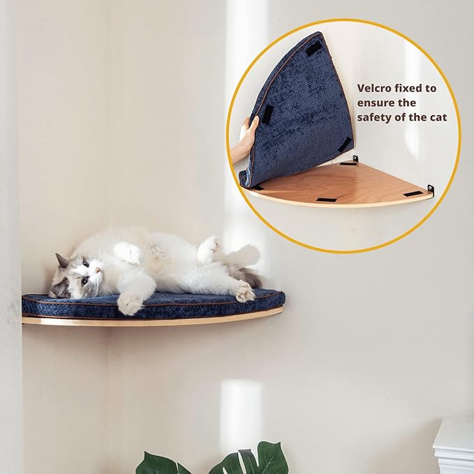 Wall Mounted Corner Cat Bed - Cat Shelf with Comfortable Cushion - Minimalistic Cats Furniture for Indoor Cats - Climbing Perch for Wall,Cream
