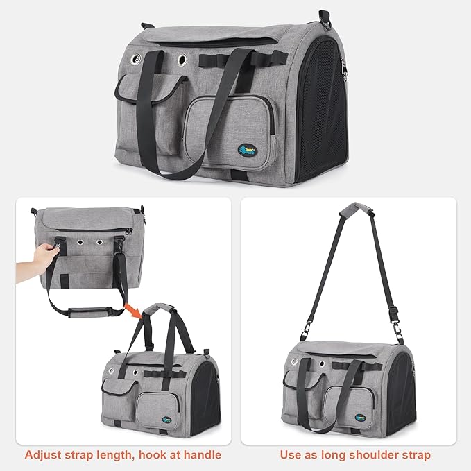 Ownpets Airline Approved Large Cat Carrier - Fits Most Airlines, Foldable Pet Travel Carrier with Metal Frame, Waterproof for Medium Big Cats 20 lbs+ & 2 Kittens/Puppies, Grey (17.7"x11.8"x12.2")