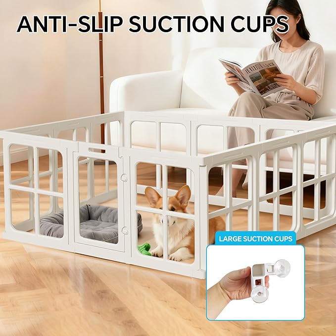 Clear Acrylic Dog Playpen Indoor, 12 PCS Plastic Puppy Playpen with Door, Cat Rabbit Ferret Pet Play Pen, Easy Assemble Dog Fence Crate Kennel Whelping Cage Enclosure for Small Dogs, White