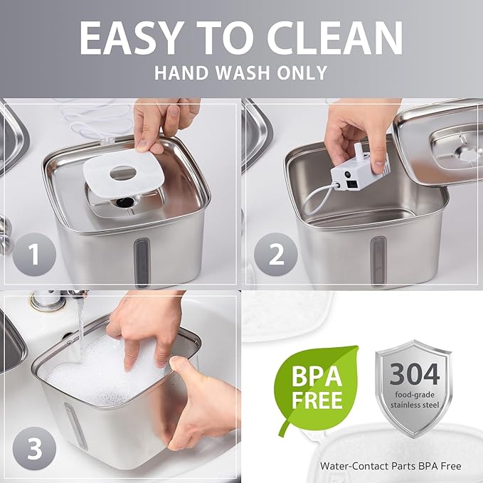 Veken Innovation Award Winner Stainless Steel Cat Water Fountain, 95oz/2.8L Automatic Pet Fountain Dog Water Dispenser with Replacement Filters & Silicone Mat for Cats, Dogs, Multiple Pets (Silver)