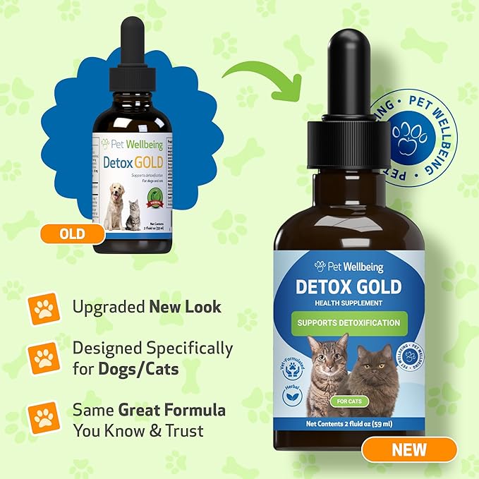 Pet Wellbeing Detox Gold for Cats - Gentle Detoxification & Elimination Support, Immune System Care, Nettle, Blessed Thistle, Burdock Root - Veterinarian-Formulated Herbal Supplement 2 oz (59 ml)