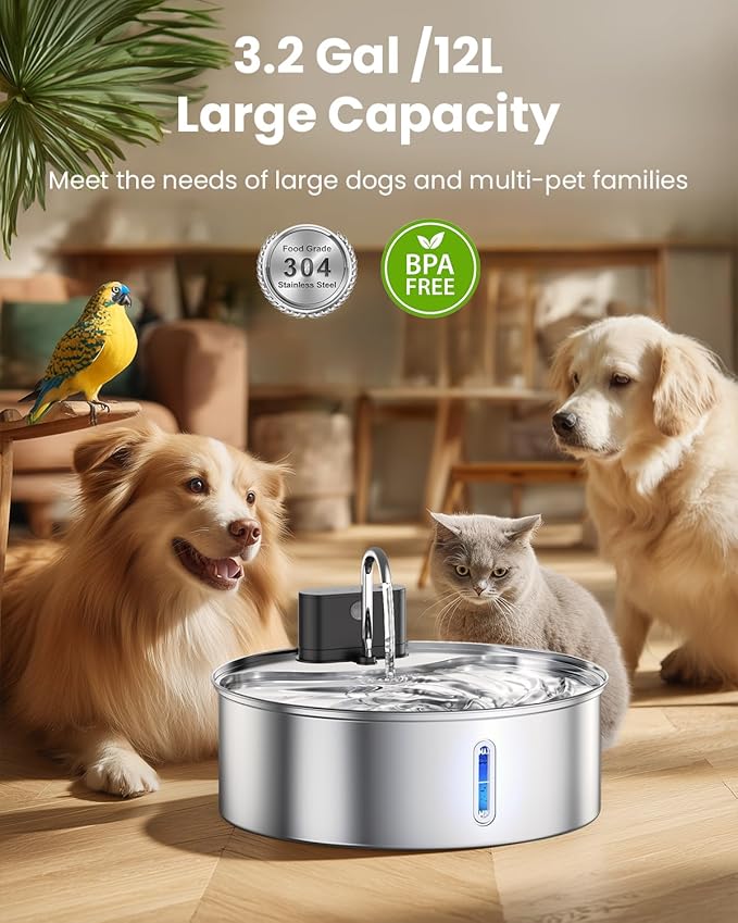Wireless Dog Water Fountain Stainless Steel with Sensor 12L/3.2Gal Cordless Automatic Water Dispenser Quiet Pump BPA-Free Automatic Cat for Drinking, Easy Clean for Cats Dogs Pets
