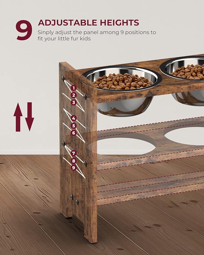 Vantic Elevated Dog Bowls, Adjustable Raised Dog Bowl Stand for Medium Sized Pet, Sturdy Particle Board Food Feeder with 2 Stainless Steel Dishes, Rustic Brown