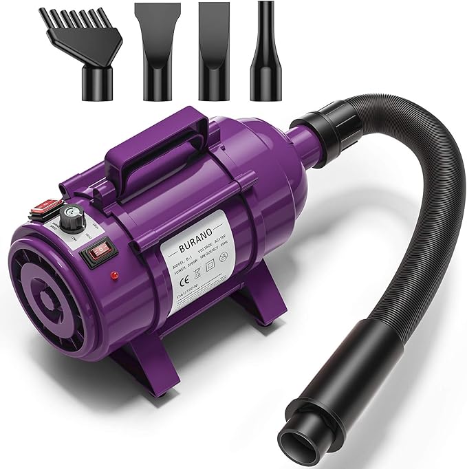 Burano Dog Dryer, High Velocity Pet Hair Dryer, 4.3HP Stepless Adjustable Speed Dog Hair Force Dryer for Dogs, Cats & More, Powerful Pet Blower with Heater