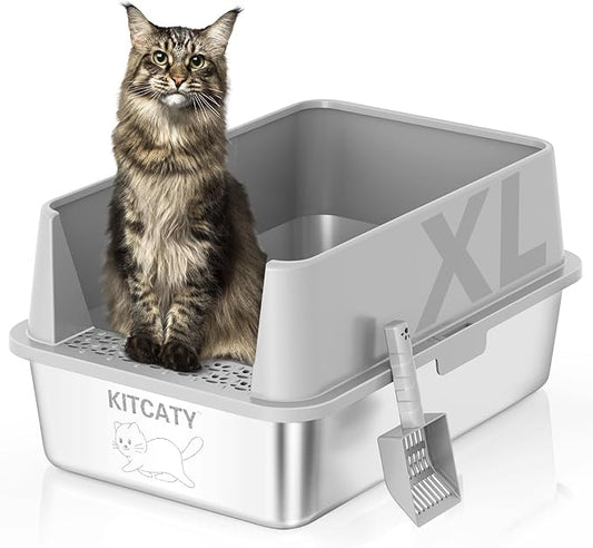 Stainless Steel Litter Box, Metal Litter Boxs with Lid High Sides, XL Extra Large Litter Box for Big Cats, Never Absorbs Odors, Leak-Proof, Stain-Free, Rust-Free, Easy to Clean, Scoop Included…