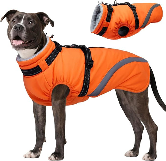 BRKURLEG Dog Winter Jackets for Large Dogs, Dog Coat with Harness Built in, Dogs Snowsuits with Zipper, Waterproof Windproof Pet Puffer Jacket Fleece Vest for Beagle, Pitbull, Orange XL