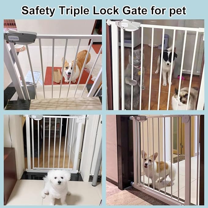 WAOWAO Triple Lock Baby Gate Extra Wide 72.04-76.77" Pressure Mounted Walk Through Swing Auto Close Safety White Metal Dog Pet Puppy for Stairs,Doorways,Kitchen