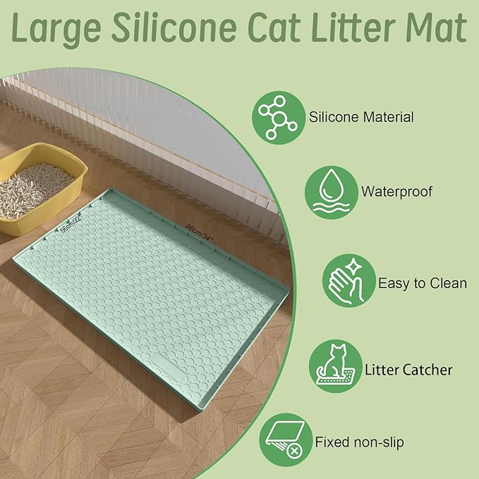34"x22" Litter Mats Extra Large Easy Clean, Cat Litter Mat Large, Silicone Dog or Cats Feeding mat Waterproof, Cat Litter Mats for Indoor Cats, Green