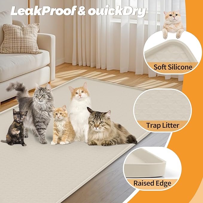Cat Litter Mat, Extra Large 51" x 25.6" Silicone Mat Litter Trapping Mat for Scatter Control, Soft on Kitty Paws, Easy to Clean (Beige)