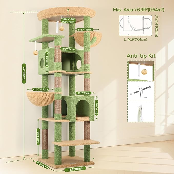 Globlazer Cactus Heavy Duty Cat Tree, 74in Tall Sturdy Cat Tower for Large Cats Adult Big Cat Tree with 7 Scratching Posts, 2 Padded Spacious Condos, 2 Hanging Baskets, Enlarged Top Perch, S74, Green
