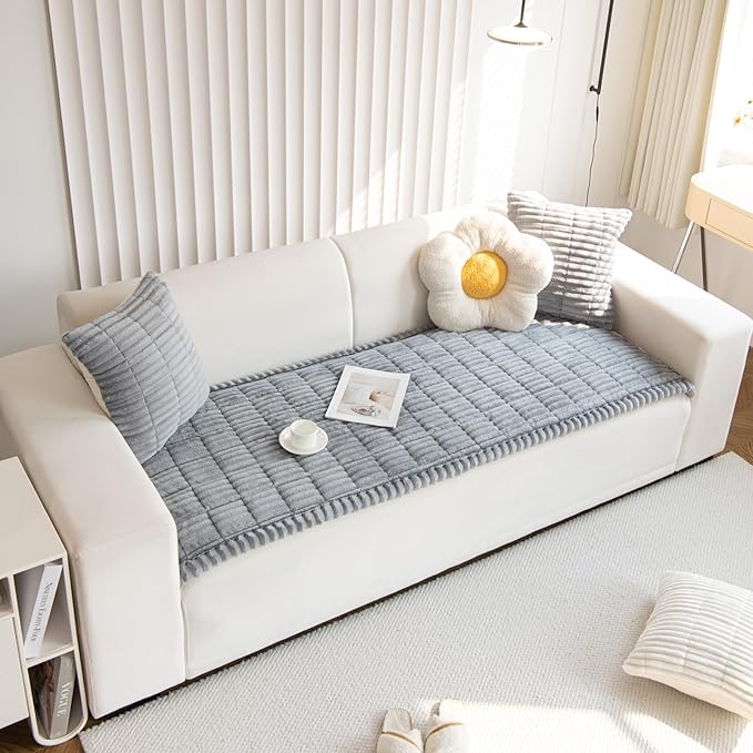 Faux Fur Plush Dog Couch Cover 3D Stripe Fuzzy Sofa Cover Non-Slip Fluffy Dog Bed Cover Pet Blanket Sofa Couch Furniture Protector for Puppy Large Dog Cat (Light Grey,35"x47")