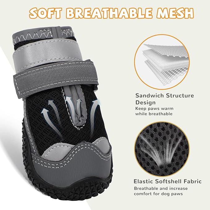 Dog Shoes for Hot Pavement,Dog Boots & Paw Protectors for Large Medium Size Dogs to Prevent Licking,Dog Booties with Reflective for Outdoor,Hiking,Hardwood Floors,Winter Snow(Black Grey,Size5)