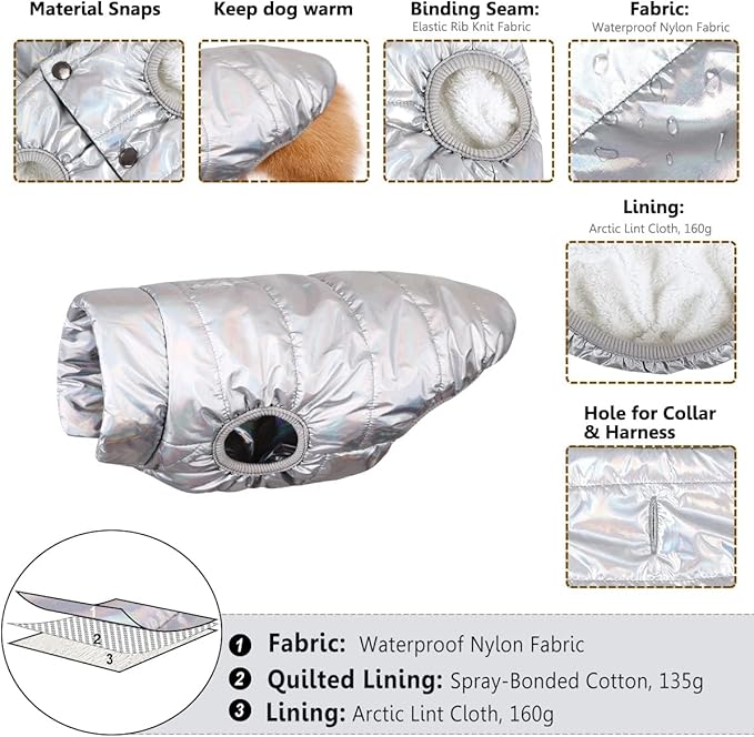 ASENKU Dog Winter Coat - Waterproof Windproof Dog Jacket, Warm Snowproof Doggie Puffer Vest for Cold Weather, Lightweight Snow Coats for Small Medium Large Dogs(Silver, XS)