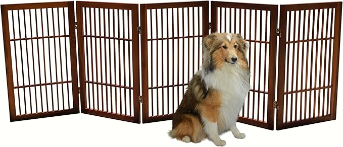 Pet Dog Gate Strong and Durable Freestanding Folding Acacia Hardwood Portable Wooden Fence Indoors or Outdoors by Urnporium (Brown Pet Gate, 5 Panel 30" Tall)