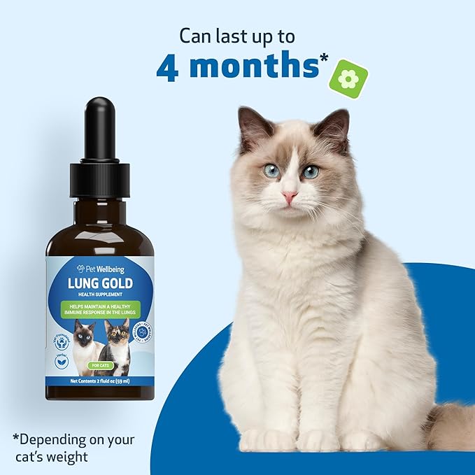 Pet Wellbeing Lung Gold for Cats - Lung Immune Support, Lower Respiratory Health, Open Airways, Normal Breathing, Reishi, Coptis - Veterinarian-Formulated Herbal Supplement - 2 oz (59 ml)