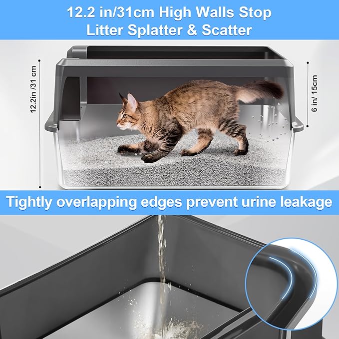 Marchul 2 Pack Stainless Steel Cat Litter Box with Litter Scoop Holder, XL Litter Boxes with Metal Scoop, Litter Mat, Easy to Clean for Indoor Big Cats,High Sides, Multicat Home,Anti-Urine Leakage