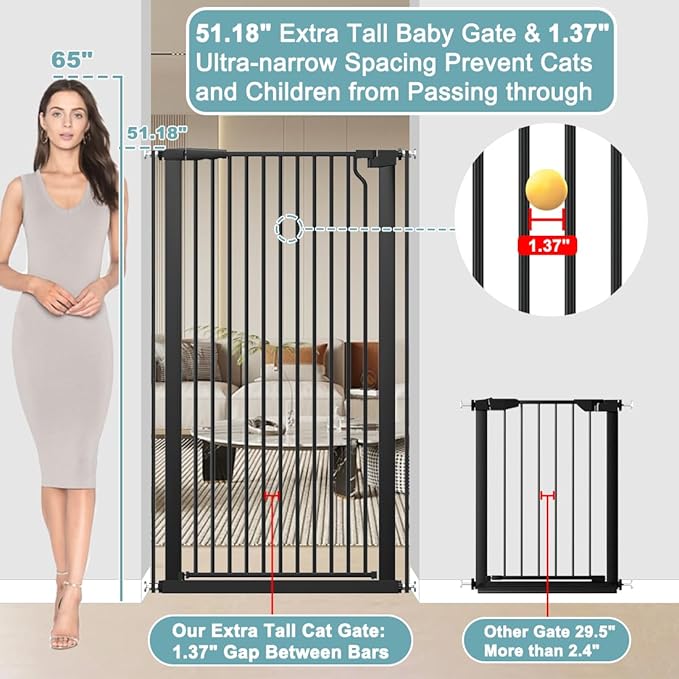 51.18" Extra Tall Pet Gate for Cats Dogs-29.6"-56.3" Extra Wide Baby Cat Gate for Stairs and Doorways-1.37" Ultra Narrow Spacing Dog Gate Dog Door with One-Handed Operation(29.6"-56.3")