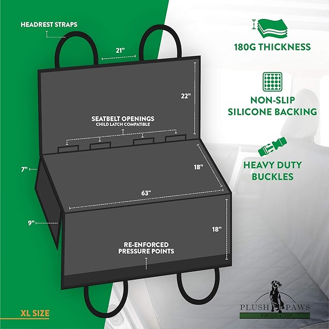 Plush Paws Products Premium Rear Car Seat Protector w/Hammock | Washable & Waterproof Back Seat Dog Cover for Car, Truck, & SUV | Nonslip, Tear Resistant Pet Seat Cover | X-Large Black