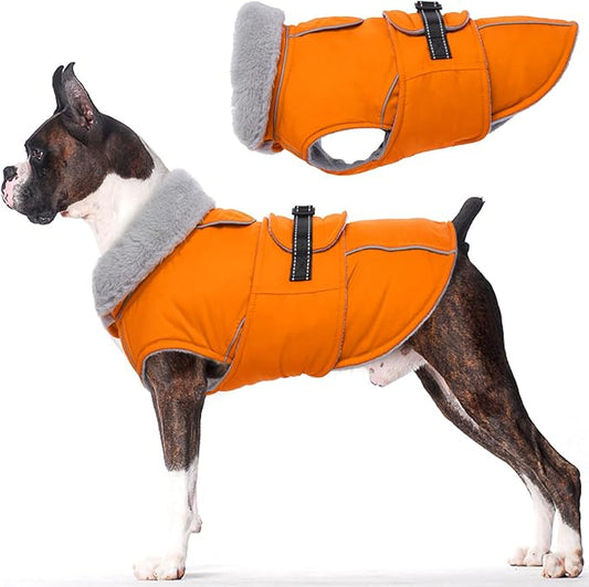 Lelepet Warm Dog Coat Reflective Fleece Vest Waterproof Dog Jacket with Adjustable Buckle Hook & Loop Windproof Cold Weather Coats for Small Medium Large Dogs, Orange, M