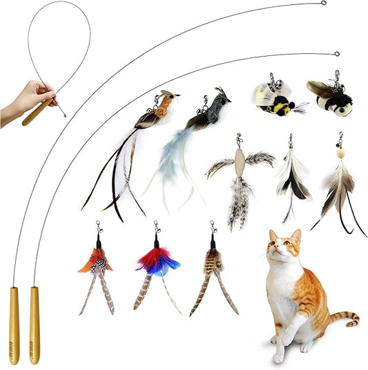 TTcat Interactive Bird & Insect Simulation Cat Toy Set - 10 Pcs Feather Refills & 2 Pcs Cat Wand Toy, 29'' Flexible Steel Wire, Sturdy Wood Handle & Bell, for Indoor Kittens