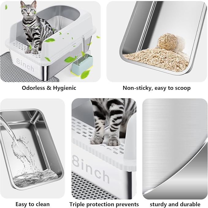 Stainless Steel XXL Cat Litter Box for Big Cats- Metal Extra Large Litter Box with Lid, Include Metal Litter Scoop,Mat. High Sided with Guard Prevent Splashing. No Smell, Always New After Clean.