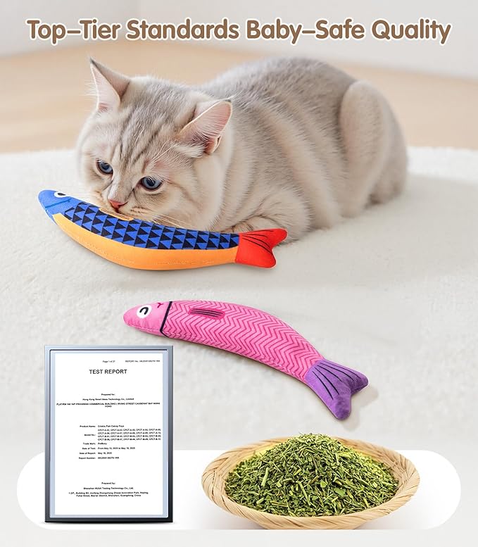 Interactive Cat Toys with [5000mg A+ Organic Catnip] [Baby Grade] Soft Chew Kicker Cat Toys for Indoor Cats & Kittens,Crinkle &Rattle Fish Sound Toy,Drives Bored Cats Crazy with Fun,2 Pack