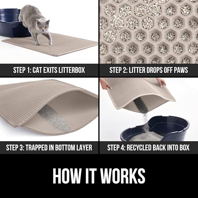GORILLA GRIP Honeycomb Cat Litter Box Mat, 35x24 Two Layer Trapping Waste Mats, Soft On Paws, Litter Box Supplies and Essentials for Indoor Cats, Traps Excess, Water Resistant for Floors, Beige