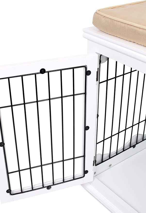 BIRDROCK HOME Decorative Dog Kennel with Pet Bed - Small Indoor Pet Crate, Double Door Design, Engineered Wood & Metal Wire, Furniture-Style House for Small Dogs, Side Table or Nightstand, White