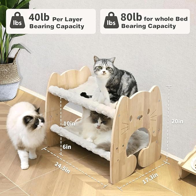 Extra Large Elevated Cat Bed, Solid Rubberwood Cat Hammock Bed with Soft Breathable Cover, Double Pet Beds for Multi-Cats Households Small Dog Rabbit