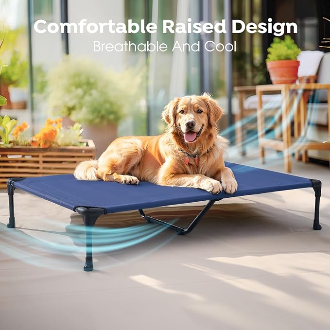 Veehoo Outdoor Elevated Dog Bed Large Sized Dogs, XXL Cooling Raised Dog Cots Beds Training Platform Off Ground Hammock with Breathable Mesh, No-Slip Feet, 59"x37.5", Blue